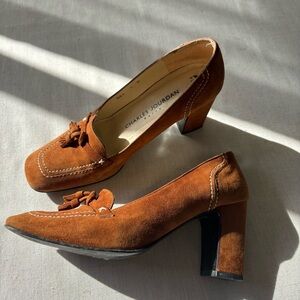Charles Jourdan Suede Tassel Heels Brown Block Heel Pumps Size 7 | Classic Chic